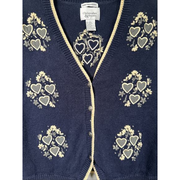VTG Christopher Banks Sweater Vest L Hand Knitted Hearts Embroidered Granny Core - Picture 3 of 8